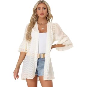 Allegra K Women's Swiss Dots Short Bell Sleeves Summer Beach Cover Up Cardigan