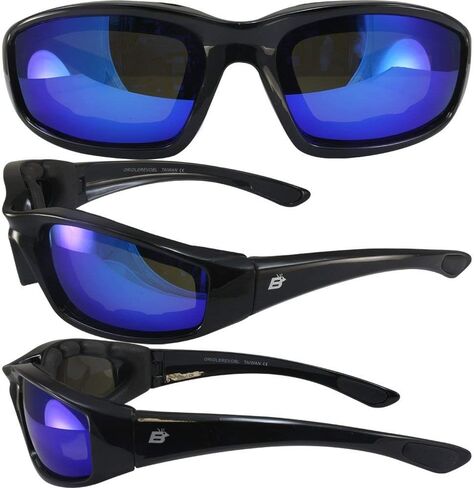 Birdz Eyewear Oriole Padded Motorcycle Riding Sunglasses Gloss Black Frames Blue G-Tech Reflective Lenses in Saudi Arabia