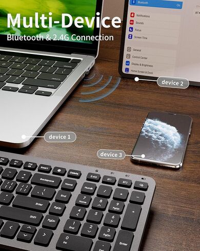 Compact Bluetooth & 2.4Ghz Keyboard Wireless - Multi-Device Quiet Wireless Keyboard - 106 Keys Full Size Keyboard for iPad, Tablet, Laptop, Computer, PC, Notebook, Windows, Mac, Chrome OS, Android in Kuwait