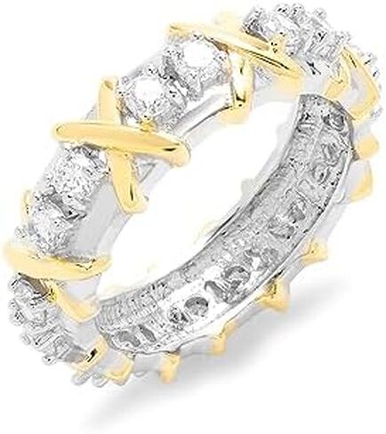 Sterling Silver & Gold Tone Designer Style CZ X Ring (ring sizes 5 to 9) - Women's Fashion Ring - Sterling Silver Ring for Her - Alternative Wedding Ring - Gift for Her - Birthday Gift - Gifts for Mom in Kuwait