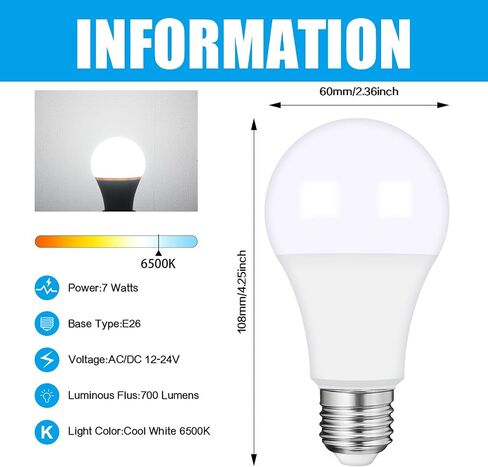 Haian Support Efficient 12V LED Bulb 6W 600Lm - E26/E27 Base - 12-24V AC/DC - 4 Pack - Ideal for Off-Grid Solar Battery Systems, RVs, Marine Lighting - Energy Saving 60W Equivalent - Warm White 2700K in Saudi Arabia