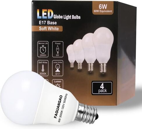 FAGUANGAO E17 Intermediate Base LED G14 Bulbs, 6W 60W Equivalent, 5000K Daylight, 600LM,Globe Light Bulbs for Ceiling Fan, Chandelier Lighting, Not Dimmable, Pack of 4 in Kuwait