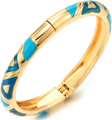 COOLSTEELANDBEYOND Gold-Tone Bangle Bracelet with Turquoise Blue Enamel, Hinged Clasp, Geometric Cut-Out Design in Saudi Arabia