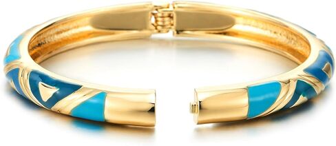 COOLSTEELANDBEYOND Gold-Tone Bangle Bracelet with Turquoise Blue Enamel, Hinged Clasp, Geometric Cut-Out Design in Saudi Arabia