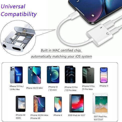 محول سماعة رأس لجهاز iPhone، مقسم سماعة رأس 2 في 1، دونجل لجهاز iPhone مع مقبس صوت AUX مقاس 3.5 مم ومنفذ شحن 60 وات متوافق مع سلسلة iPhone. in Kuwait