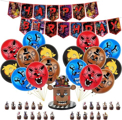 FNAF Birthday Party Supplies, FNAF Birthday Party Decorations Includes Banner - Cake Topper - 24 Cupcake Toppers - 16 Balloons in Saudi Arabia