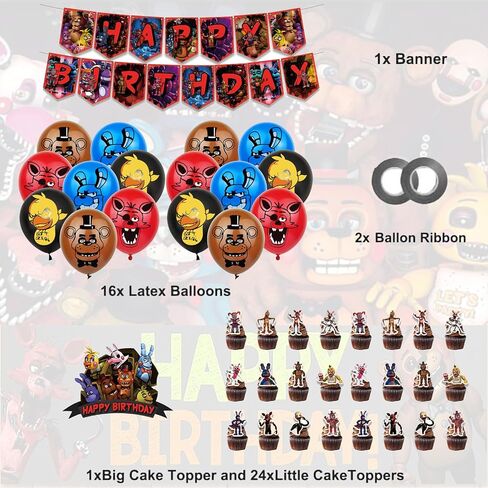 FNAF Birthday Party Supplies, FNAF Birthday Party Decorations Includes Banner - Cake Topper - 24 Cupcake Toppers - 16 Balloons in Saudi Arabia