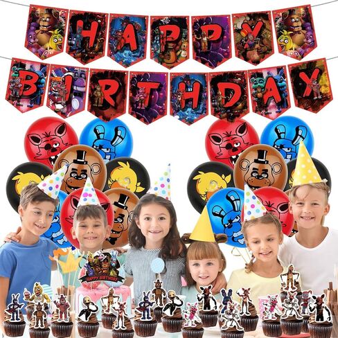 FNAF Birthday Party Supplies, FNAF Birthday Party Decorations Includes Banner - Cake Topper - 24 Cupcake Toppers - 16 Balloons in Saudi Arabia
