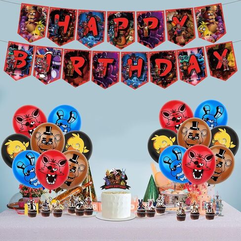 FNAF Birthday Party Supplies, FNAF Birthday Party Decorations Includes Banner - Cake Topper - 24 Cupcake Toppers - 16 Balloons in Saudi Arabia