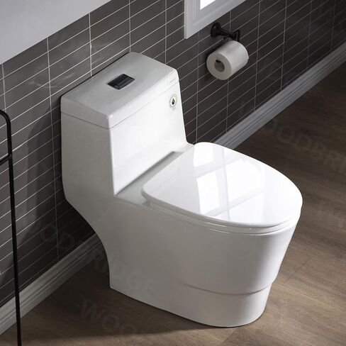 WOODBRIDGE One Piece Toilet with Soft Closing Seat, Chair Height, 1.28 GPF Dual, Water Sensed, 1000 Gram MaP Flushing Score Toilet with Chrome Button T0001-CH, White in Saudi Arabia