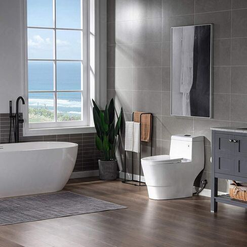 WOODBRIDGE One Piece Toilet with Soft Closing Seat, Chair Height, 1.28 GPF Dual, Water Sensed, 1000 Gram MaP Flushing Score Toilet with Chrome Button T0001-CH, White in Saudi Arabia