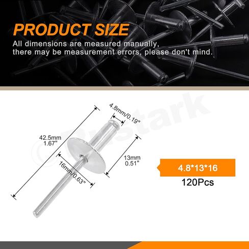 120Pcs 3/16"x1/2" (M4.8x13x16mm) Aluminum Large Flange Blind Rivets Pop Rivets Assortment Kit, Silver Core Pulling Rivets Multiple Sizes Set Long Blind Rivets for Metal Wood in Saudi Arabia