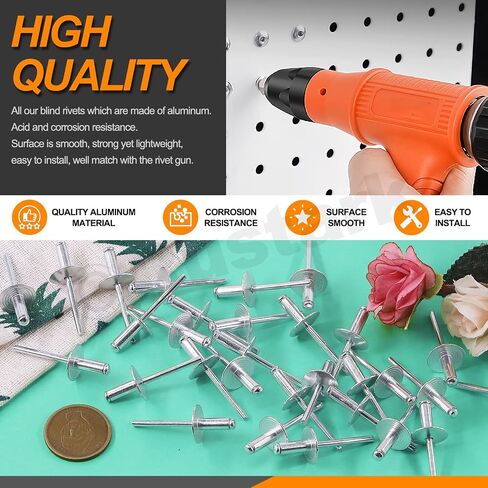 120Pcs 3/16"x1/2" (M4.8x13x16mm) Aluminum Large Flange Blind Rivets Pop Rivets Assortment Kit, Silver Core Pulling Rivets Multiple Sizes Set Long Blind Rivets for Metal Wood in Saudi Arabia
