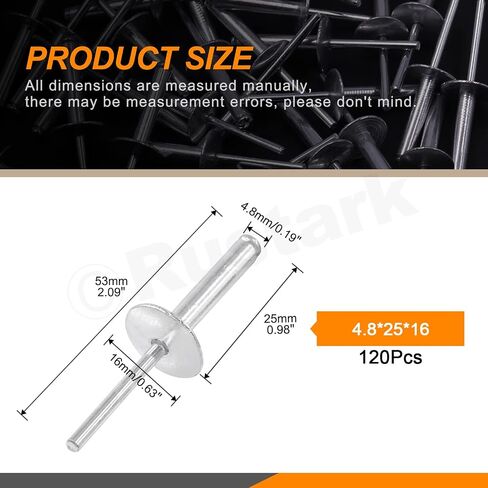 120Pcs 3/16"x1/2" (M4.8x13x16mm) Aluminum Large Flange Blind Rivets Pop Rivets Assortment Kit, Silver Core Pulling Rivets Multiple Sizes Set Long Blind Rivets for Metal Wood in Saudi Arabia