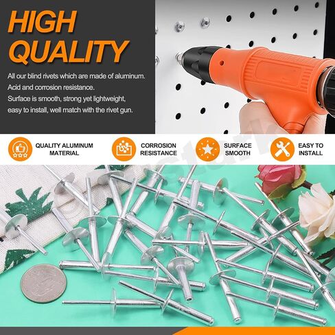 120Pcs 3/16"x1/2" (M4.8x13x16mm) Aluminum Large Flange Blind Rivets Pop Rivets Assortment Kit, Silver Core Pulling Rivets Multiple Sizes Set Long Blind Rivets for Metal Wood in Saudi Arabia