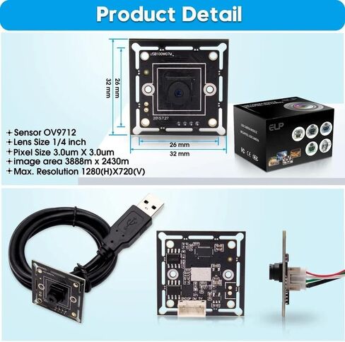 ELP 720P كاميرا USB لوحة كاميرا ويب مدمجة صغيرة جدًا مع عدسة 45 درجة M7 ميجابيكسل HD OV9712 وحدة كاميرا USB لأجهزة الكمبيوتر المحمول USB2.0 UVC وحدة كاميرا فيديو PC، مع كابل 3.3 قدم/1 متر للكمبيوتر in Saudi Arabia