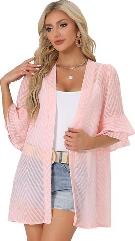 Allegra K Women's Swiss Dots Short Bell Sleeves Summer Beach Cover Up Cardigan in Saudi Arabia