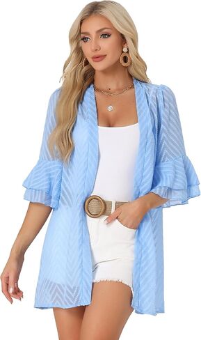 Allegra K Women's Swiss Dots Short Bell Sleeves Summer Beach Cover Up Cardigan in Saudi Arabia