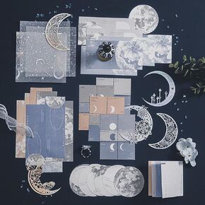 Doraking 63PCS Moon Embellishment Scrapbook Paper Packs for Journaling Supplies, Material Papers Memos Stamps Cards for Journals Planners Aesthetic DIY Art Crafts Collage Album