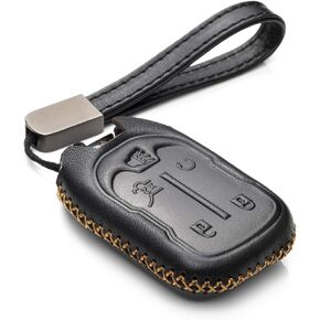 Vitodeco Genuine Leather Smart Key Fob Case with Leather Strap Compatible for GMC Acadia, GMC Terrain 2017 - 2023 (5-Button, Black/Red)