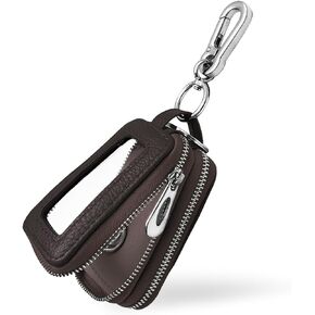 Car Key Fob Case, Double Zipper Genuine Leather Protection Key, Universal Premium Car Key Fob Case, Metal Hook and Keyring with Transparent Window for Men Women (Rose red)
