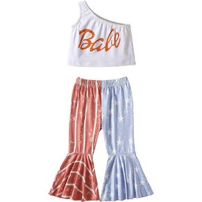 Camidy Toddler Girl 4th of July Outfits One Shoulder Tank Tops Star Stripes Flag Bell-Bottom Pants Independence Day Clothes