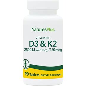 Natures Plus Vitamins D3 & K2-90 Tablets - Promotes Bone Support, Immune Function, Cardiovascular Health & Mood Balance - Vegetarian, Gluten Free - 90 Servings