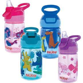 زجاجة مياه Nuby Kids Flip-it Reflex Push Button مطبوعة أثناء التنقل مع صنبور ناعم - 12 أونصة / 360 مل، 18 شهرًا فما فوق، قطعة واحدة أرجوانية
