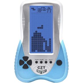 وحدة تحكم ألعاب CZT Retro Brick شاشة خلفية زرقاء كبيرة مدمجة 23 لعبة دبابات معركة/سباق يمكن توصيل سماعة الرأس لغز الحنين للجيب المحمول باليد ألعاب الأطفال (أسود)