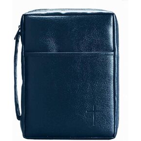 Blue Embossed Cross with Front Pocket Leather Look Bible Cover with Handle, Large