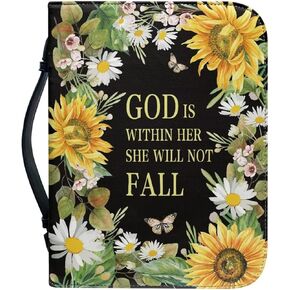 Buybai Bible Cover for Womens Mens,Leather Bible Holder,Crucifix Bible Carrier Carrying Organizer Bag,God is Within Her She Will Not Fall,Bible Protective for Study Bible Size L