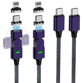 100W USB C Magnetic Charging Cable, 180° Rotation 2 in 1 Magnetic Phone Charger Cable [2 Pack, 4/6.6ft],480Mbps Data Transfer, for iPhone 15,14,13,iPad,MacBook Pro,Galaxy S22 (Blue)