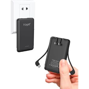 TG90° Ultra Mini Power Bank with Built-in AC Wall Plug and Cables, 5000mAh 3 Outputs External Battery Pack Portable Phone Charger Compatible with iPhone and Android Devices