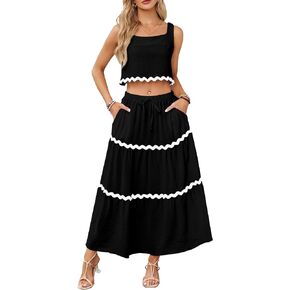 KIDDAD Women's 2024 Summer 2 Piece Vacation Beach Outfits Casual Cropped Tank Top High Waist Skirt Set