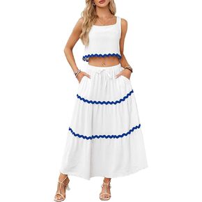 KIDDAD Women's 2024 Summer 2 Piece Vacation Beach Outfits Casual Cropped Tank Top High Waist Skirt Set