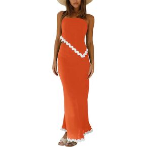 ECHOINE Women's Summer 2 Piece Beach Outfit Casual Sleeveless Cropped Tube Top High Waisted Maxi Skirt Set