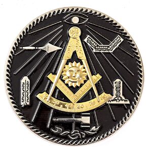 Past Master with Square & Quadrant and Working Tools Masonic Auto Emblem - [Black & Gold][3 3/8'' Diameter]