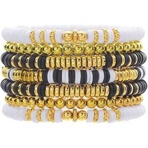 Bohemian Beaded Bracelets for Women Men Clay Bracelets Vinyl Disc Stretch Layering Stackable Bead Bracelets Gold Beaded Friendship Bracelets Summer Beach Surfer Jewelry
