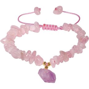 Jewever Chip Reiki Raw Amethyst Rose Quartz Crystal Bracelet for Women Chakra Tumbled Healing Crystals and Gemstones Yoga Meditation Stone Bracelets Adjustable
