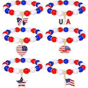 6PCS American Flag Bracelets 4th of July Beaded Stretch Bracelets Heart Stars Flag Patriotic Charm Bracelets Stackable Memorial Independence Day Party Jewelry Gifts
