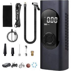 Tire Inflator Portable Air Compressor,car/Moto/Bike air Compressor for car Tires 150psi tire Pressure Measurement Cordless 5 Conversion nozzles 50 cm Trachea SOS/LED Lights with Storage Bag