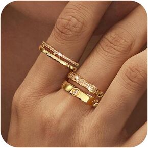 Gold Rings for Women, Dainty 14K Gold Plated Stackable Rings Trendy Stacking Cubic Zirconia Thumb Ring Set Non Tarnish Love Friendship Dual Knuckle Band Rings Promise Wedding Engagement Aesthetic Rings Jewelry Gifts for Women Girls Size 6 7 8 9 10