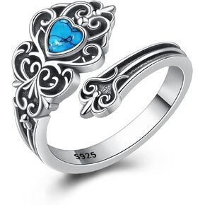 S925-Sterling-Silver Turquoise Spoon Ring - Vintage Boho Victorian Style Antique Floral Adjustable Thumb Rings Jewelry Gifts for Women (Blue Turquise)