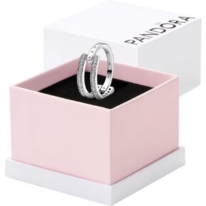 Pandora Logo & Pavé Double Band Ring - Silver Ring for Women - Layering or Stackable Ring - Gift for Her - Sterling Silver with Clear Cubic Zirconia - With Gift Box