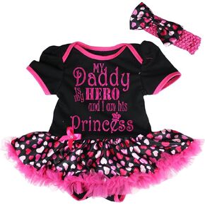 Petitebella Daddy is My Hero Black Bodysuit Hot Pink Hearts Tutu Baby Dress Nb-18m