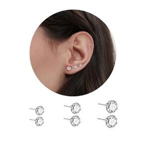 3 Pairs 925 Sterling Silver Hypoallergenic Cubic Zirconia Small Stud Earrings for Women(Silver,3pair- 3mm/4mm/5mm)