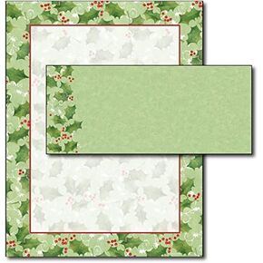 Jolly Holly Christmas Stationery Paper with Envelopes - 40 Sets Holiday Letterhead
