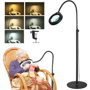 5X Magnifying Glass with Light and Stand, Krstlv 24" Flexible Gooseneck Magnifying Floor Lamp, 3-in-1 LED 5 Color Modes Stepless Dimmable Lighted Magnifier Hands Free for Close Work, Hobby, Esthetican