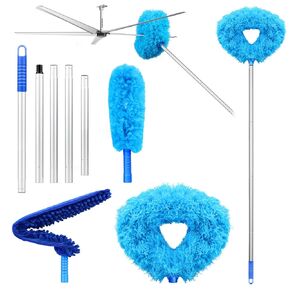 Ceiling Fan Blade Cleaner with Extension Pole 4 Pcs Reusable Microfibre Ceiling Fan Cleaner Duster Removable 13 to 70 Inch for Cleaning High Ceilings Walls Furniture Bookshelf Doors (Blue)