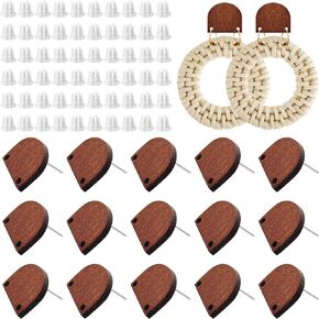 Oubaka 50pcs Wood Earring Findings Wooden Stud Earrings Post Wooden Earrings Studs Earring Findings Earring Pin Studs with Loop with 100pcs Plastic Ear Nuts for DIY Jewelry Making